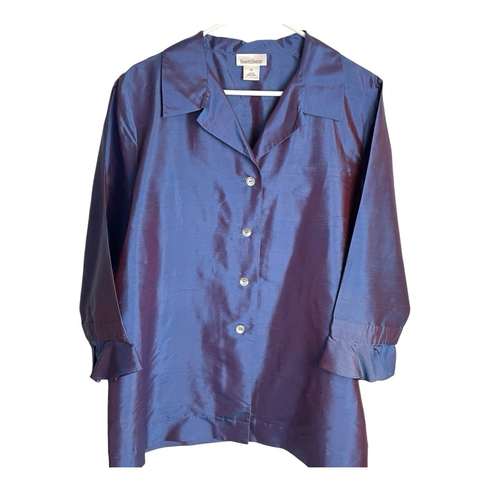 TravelSmith Womens 100% Silk Jacket Blouse Shirt Size XL Iridescent Blue NO BELT